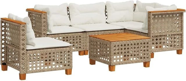 vidaXL 6-teilige Garten-Sofagarnitur aus Poly-Rattan und Akazienholz in Beige und Cremeweiß mit Kissen - Bild 1