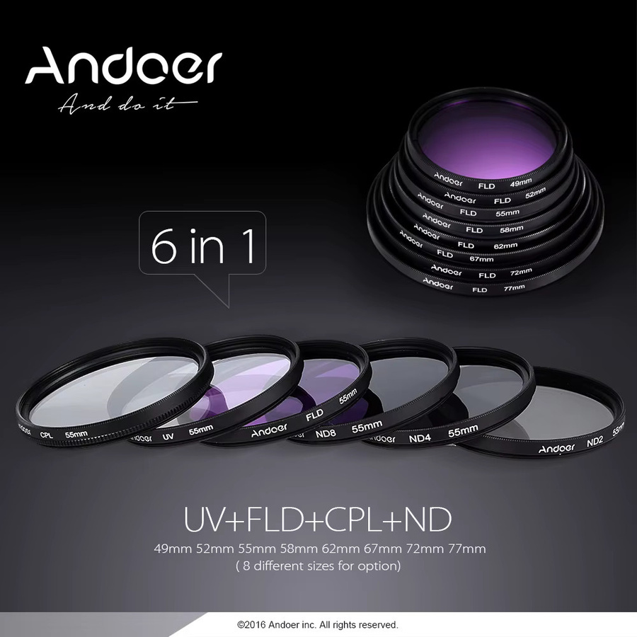 Andoer Objektivfilter-Set 67mm in Schwarz mit UV, CPL, FLD, ND2, ND4, ND8, Tragetasche, Objektivdeckel, Objektivdeckelhalter, Tulpenfilter und Gummi-Objektivfilter - Bild 3