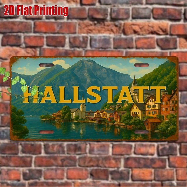 CIFBUY Vintage Hallstatt Metall-Nummernschild Aluminium Wanddekoration See-Berg-Landschaft, B: 27,94 cm - Bild 1