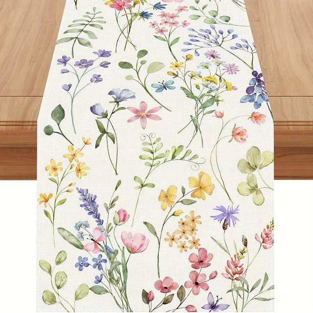 JINGYUE Pet Tischläufer aus Leinen mit Frühlings-Aquarellblumen in Beige und Multicolour, B/H: 150 x 33 cm - Bild 1