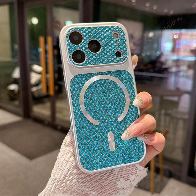 Magnetische iPhone Schutzhülle mit Glitzer-Diamant-Textur und Kameraschutz für Apple iPhone 11 bis 17 Pro Max in Türkis Transparent - Bild 1