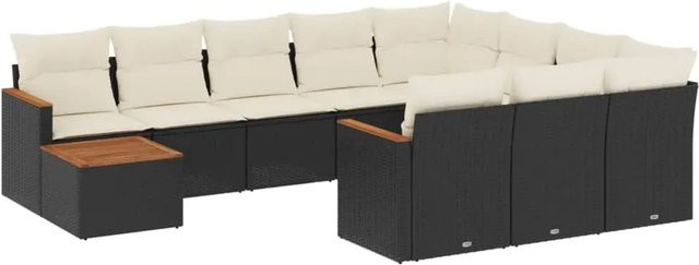 vidaXL 11-tlg. Garten-Sofagarnitur in L-Form aus Poly-Rattan und pulverbeschichtetem Stahl mit Kissen in Schwarz-Creme - Bild 1