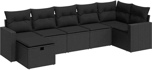 vidaXL 7-tlg. Garten-Sofagarnitur in L-Form aus Polyrattan mit Kissen, Schwarz - Bild 1