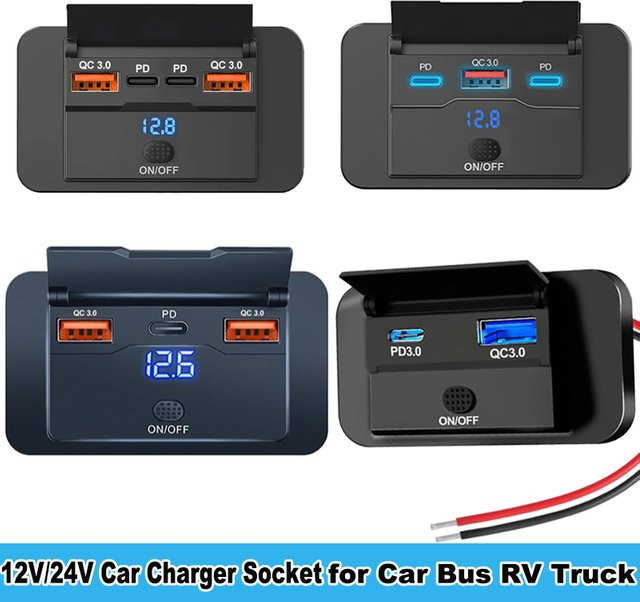 Kebidumei Wasserdichtes 12V Autoladegerät mit Schalter, Dual PD und Dual QC3.0 USB-C Schnellladegerät, Schwarz - Bild 1