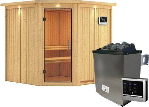 Karibu Sauna Vöru aus Fichtenholz in Beige inklusive 9 kW Saunaofen mit externer Steuerung für 4 Personen, B/T/H: 210 x 202 x 210 cm - Bild 1