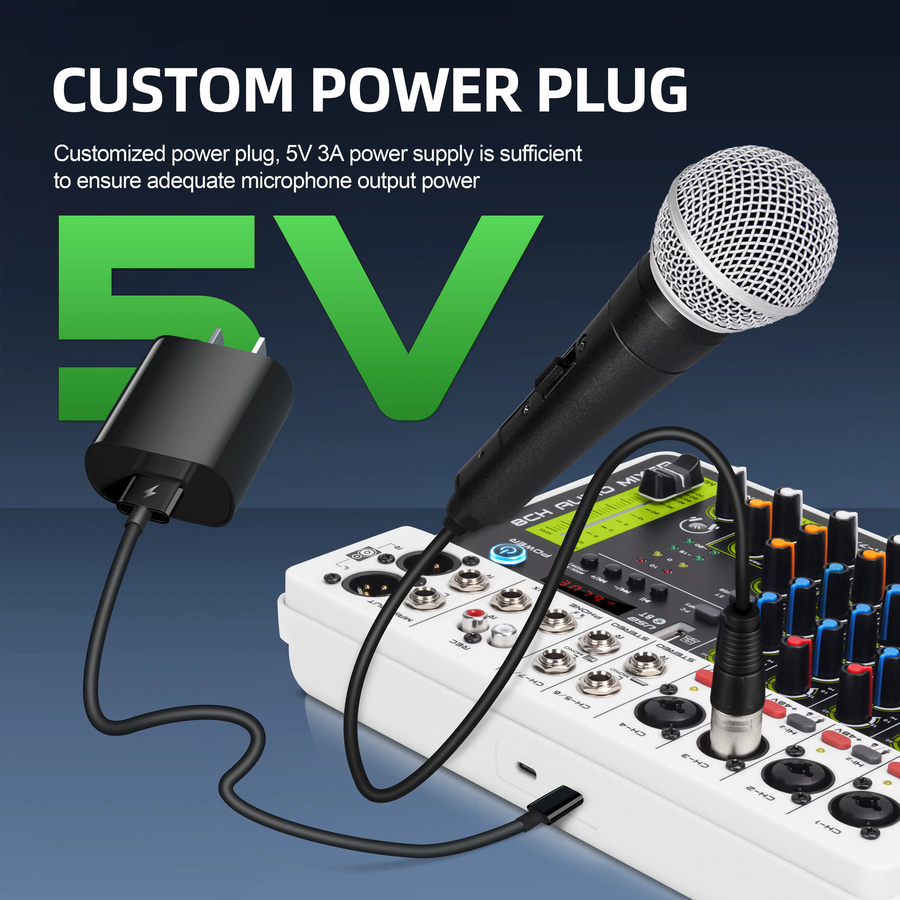 Debra V8 Audio-Mischpult in Weiß mit Bluetooth 5.0 und Phantomspeisung für PC-Aufnahmen und Bühneneinsatz - Bild 3