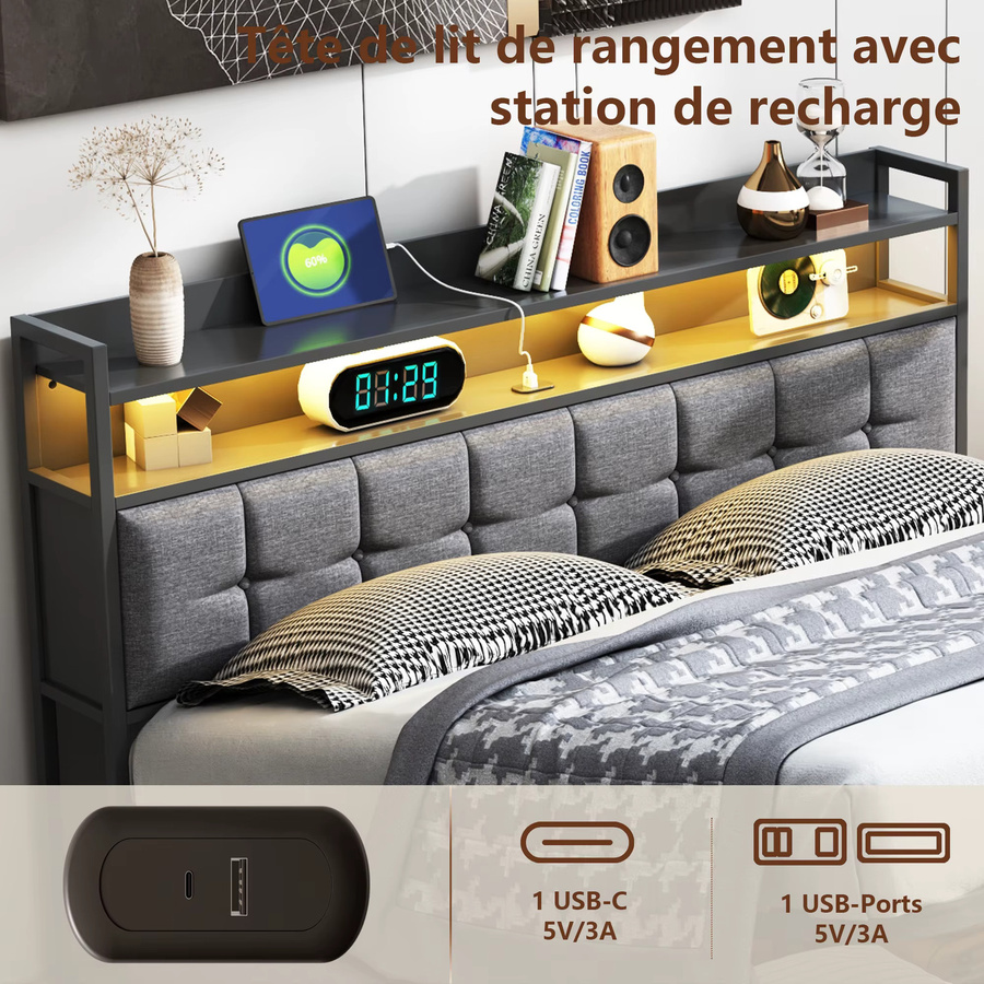 Superaly Doppelbett mit Stauraum und Regal-Kopfteil in Grau, B/T: 140 x 190 cm - Bild 4