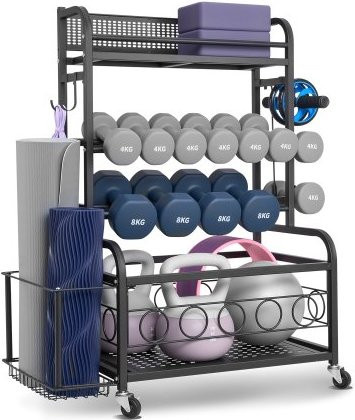 VEVOR Yoga Mat Storage Rack aus Stahl in Schwarz, Organizer für Home Gym mit Rollen und Haken zur Aufbewahrung von Yogamatten, Hanteln, Kettlebells und Foam Rollern, B/T/H: 101,0 x 40,5 x 40,5 cm - Bild 1
