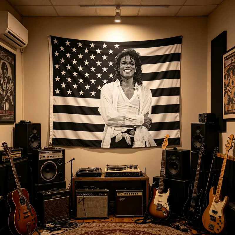 VIKAMA Wandteppich Michael Jackson mit amerikanischer Flagge, Retro Pop-Star Wandbehang in Multicolour, Rechteckige Wandkunst für dein Schlafzimmer oder Musikzimmer, Breite: 60 cm, Höhe: 40 cm - Bild 3