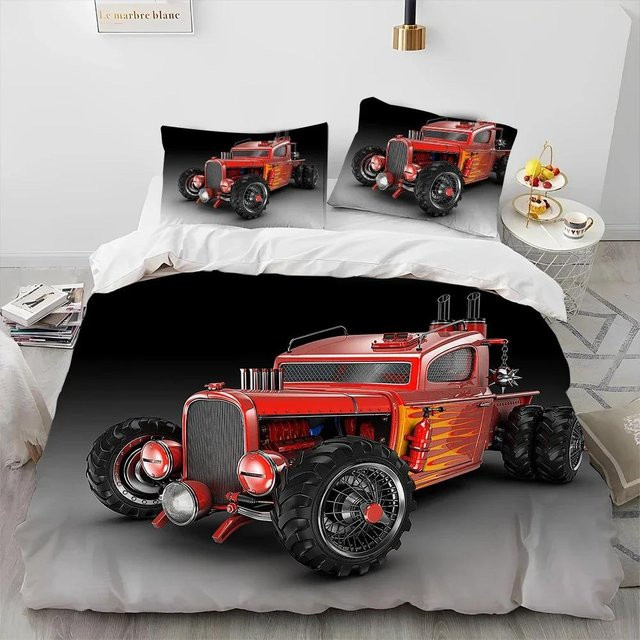 Lodestar 3D Bettwäsche Set mit Auto Traktor und LKW Motiv für Kinder, rot, B/H: 70 x 133 cm - Bild 1