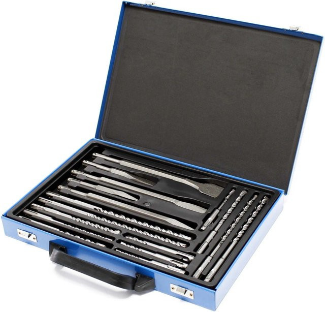 Wiltec SDS Bohrersatz Set 17-teilig aus Stahl mit Bohrern und Meißeln im Metallkoffer in Schwarz-Blau - Bild 1