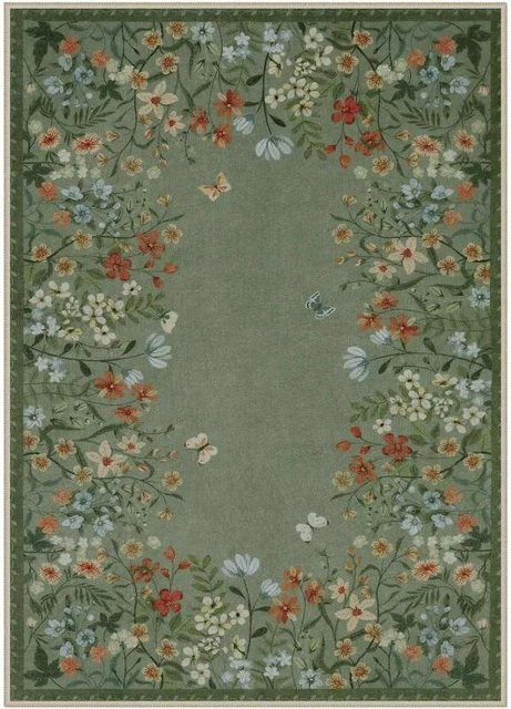Living Need Y Teppich mit Blumendruck in Grau und Grün, weich und rutschfest, maschinenwaschbar, B/T: 60 x 90 cm - Bild 1