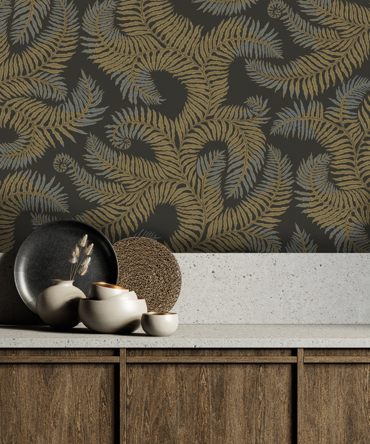 Josephine Munsey Tapete Bombes Fernery in Olive und Dunkelgrau mit floralem Design und botanischem Muster aus Vlies - Bild 1