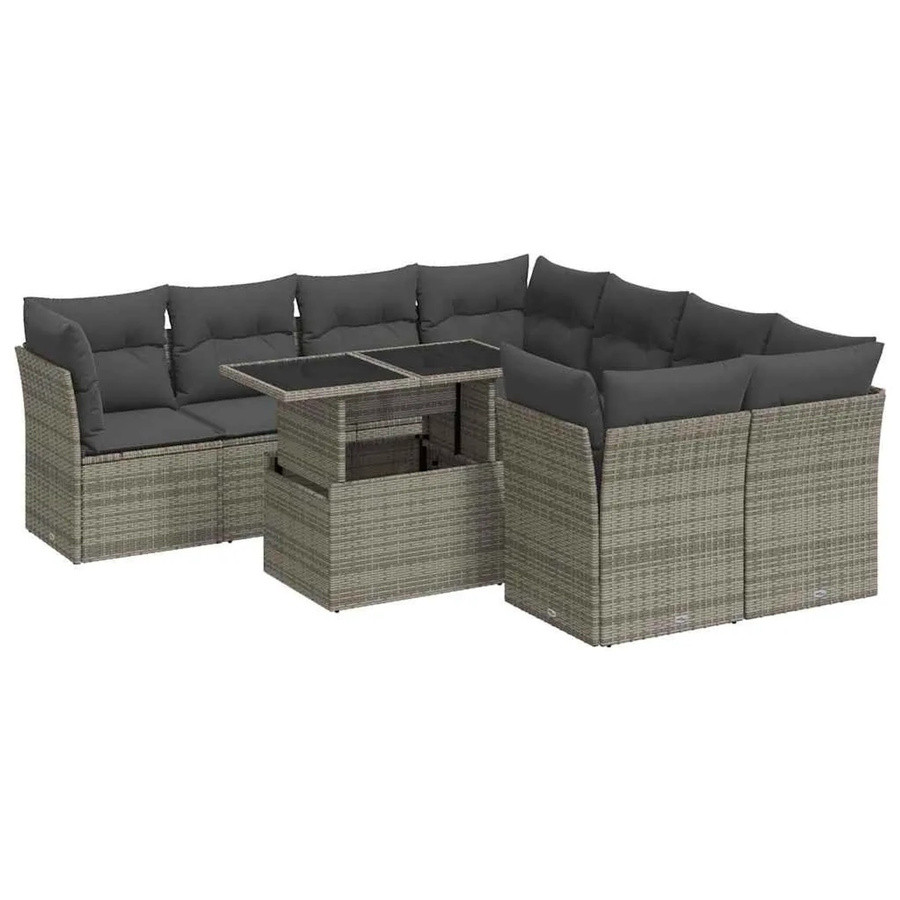 vidaXL 9-teilige Garten-Sofagarnitur in L-Form aus grauem Poly-Rattan mit Kissen und Tisch - Bild 2