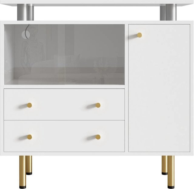 Merax LED-Sideboard in Weiß mit Glasschiebetüren und Metallfüßen, B/T/H: 80 x 35 x 80 cm - Bild 1
