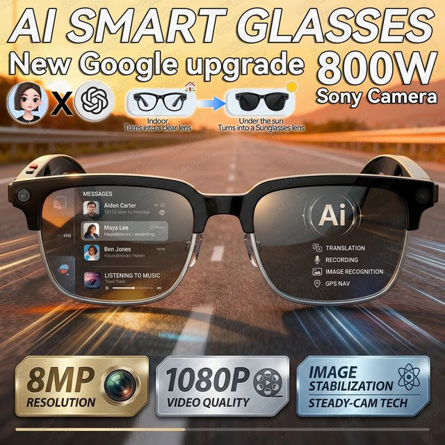 GUHUAVMI KI-Smart-Brille mit 8MP Kamera, WLAN, Bluetooth-Anrufen und Objekterkennung in Schwarz - Bild 1