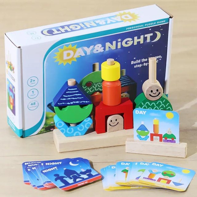 Yiran bag Holzklötze Stapelform Zuordnungsspiel Tag/Nacht hölzern 3-6 Jahre - Bild 1