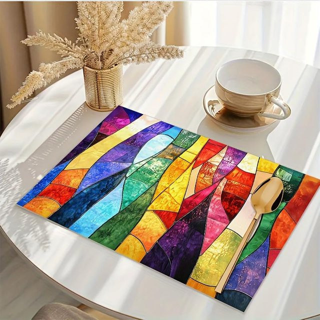 JF TableLinen Platzsets aus Leinenmischung mit abstraktem Regenbogen-Buntglas-Design, 6er-Set, Mehrfarbig, B/T: 45 x 30 cm - Bild 1
