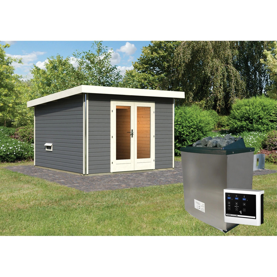 Karibu Saunahaus Magnus 1 Set B aus Fichte in Terragrau mit 9 kW Ofen und externer Steuerung - Bild 2