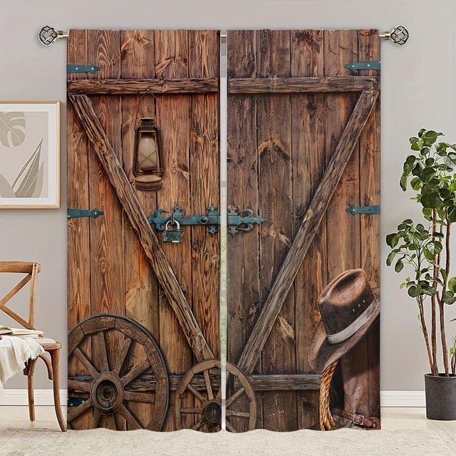 Paar dekorative Fenster Vorhänge mit Holztür-Muster in Braun, semi-transparent, B: 100 cm, H: 130 cm - Bild 1