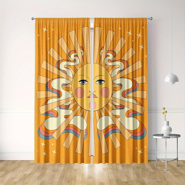 Bohemian Vorhänge mit Blumen und Vögeln in Orange, digital bedruckte Polyester-Gardinen für Wohnzimmer und Schlafzimmer, B: 50 cm, H: 130 cm, 2er-Set mit Haken - Bild 1