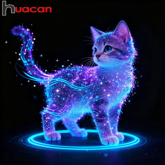 Huacan DIY-Diamantgemälde Katze als Motiv mit bunten Strasssteinen und runden Steinen, Breite: 20 cm, Höhe: 20 cm - Bild 1