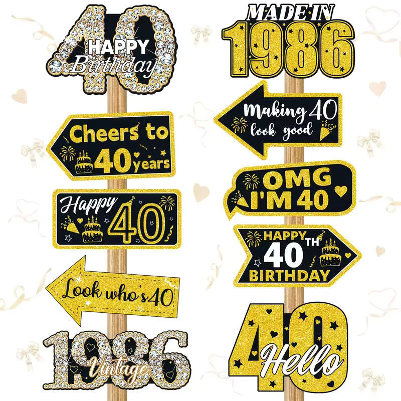 OURFETE Foto-Requisiten für den 40. Geburtstag in Schwarz und Gold mit Glitzer-Effekt und Vintage 1986 Design - Bild 3