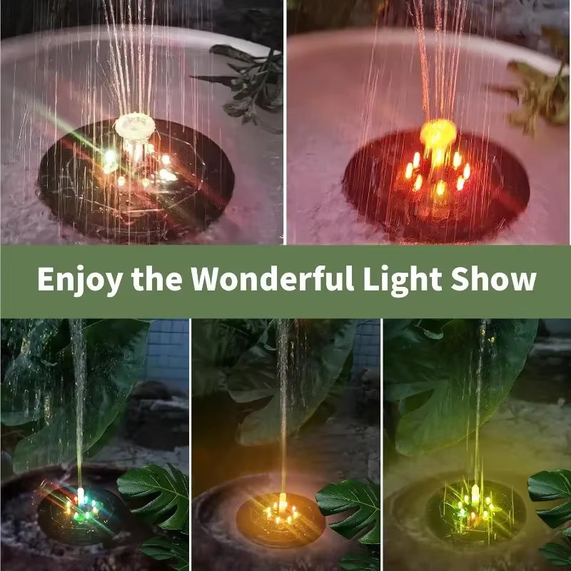 Solar-Brunnen mit 7 Farben LED-Licht und 6 Düsen für den Garten, Multicolour, Schwarz - Bild 3