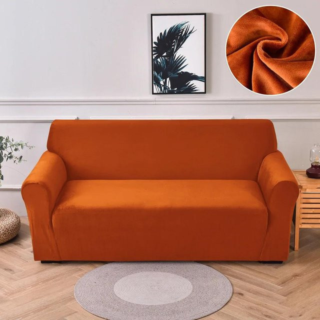 Stretch-Sofabezug aus Samtstoff für 1-Sitzer, Orange, Breite: 90-140 cm - Bild 1