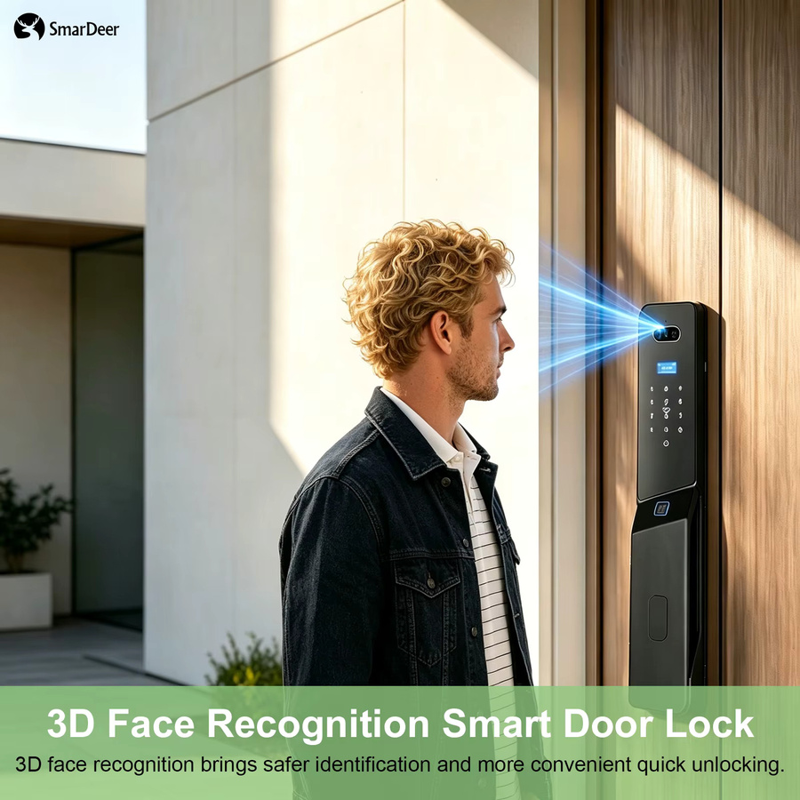 Smardeer Smartes Türschloss in Schwarz mit 3D-Gesichtserkennung, Handvenen-Erkennung und Video-Diebstahlschutz, IP66 Wasserdicht und Fingerabdruckfunktion - Bild 3
