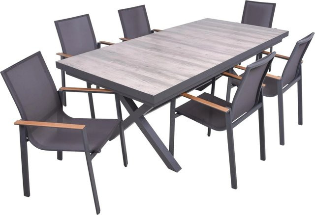 DELUKE Garten-Sitzgruppe JANA 7-teiliges Gartenmöbel-Set aus Aluminium und Keramik in Eiche-Optik Grau - Bild 1