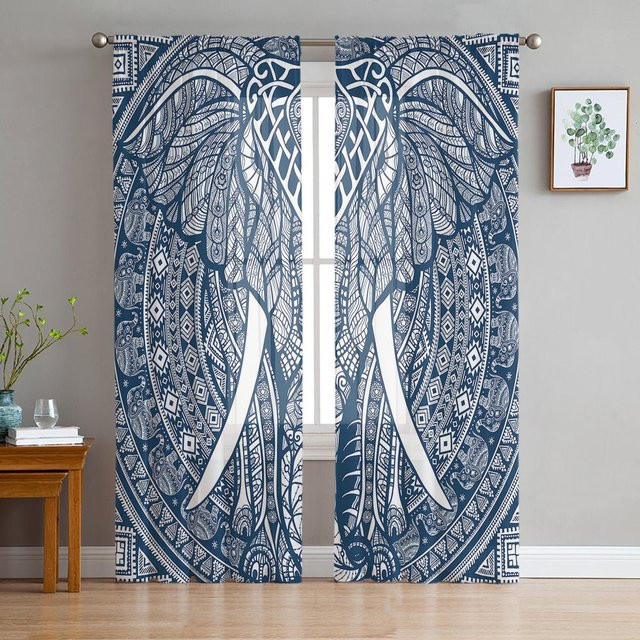 Mandala Elefant Vorhänge Blau Transparent in Böhmischem Design, 2er-Set Tüll Voile Organza Gardinen für Wohnzimmer und Küche, Breite: 135 cm, Höhe: 137 cm - Bild 1