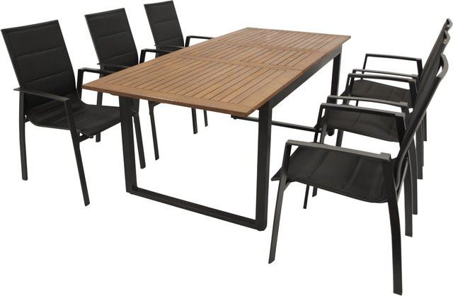 DEGAMO Gartenmöbel Garnitur RIVELLO 7-teilig aus Alu, Akazie und Kunstgewebe in Schwarz und Multicolour - Bild 1