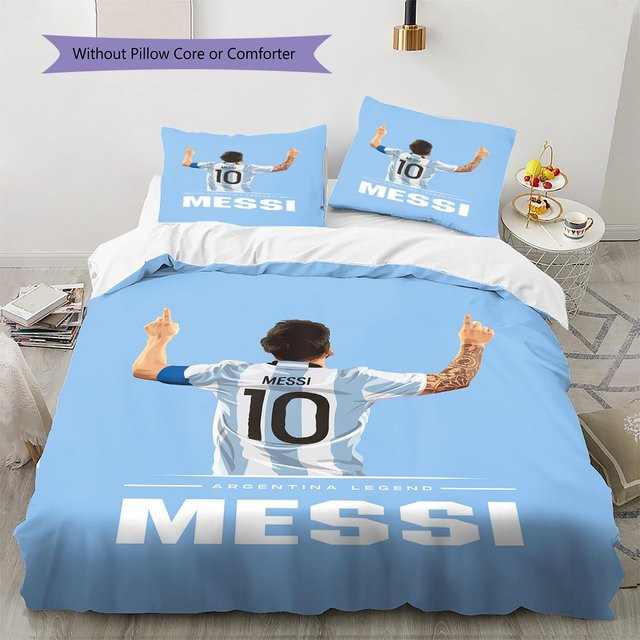 Messi Muster Bettwäsche Set mit Bettbezug und 2 Kissenbezügen in Weiß und Blau, B/H: 135 x 200 cm - Bild 1