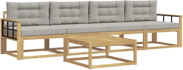 vidaXL Outdoor-Sofagarnitur aus Akazienholz mit 3er-Sofa, Couchtisch und Kissen in Weiß und Grau - Bild 1