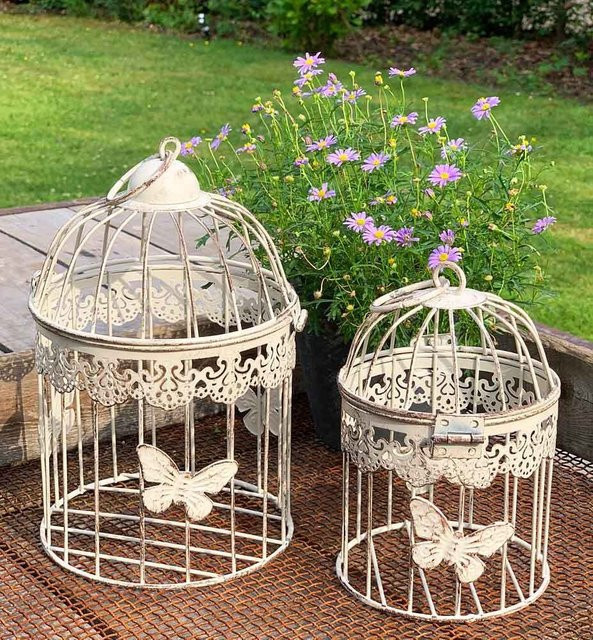 2er-Set Deko-Vogelkäfige aus Metall im Nostalgie-Antik-Stil mit Schmetterling in Weiß - Bild 1