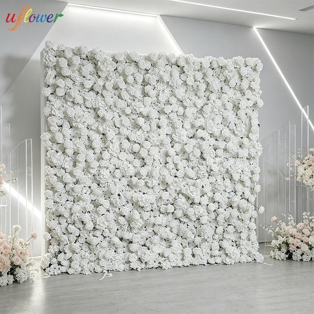 Uflower 5D Roll-Up Künstliche Blumenwand mit weißen Rosen und Hortensien für Hochzeiten und Partys - Bild 1