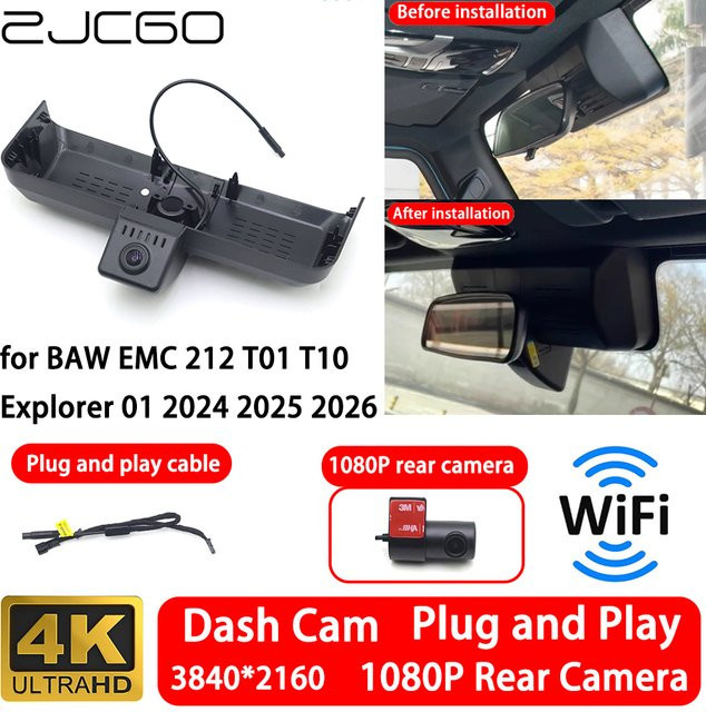 ZJCGO 4K Dashcam mit Front- und Heckkamera für BAW EMC 212 T01 T10 Explorer 01 2024 2025 2026, WLAN, Plug-and-Play, Schwarz - Bild 1