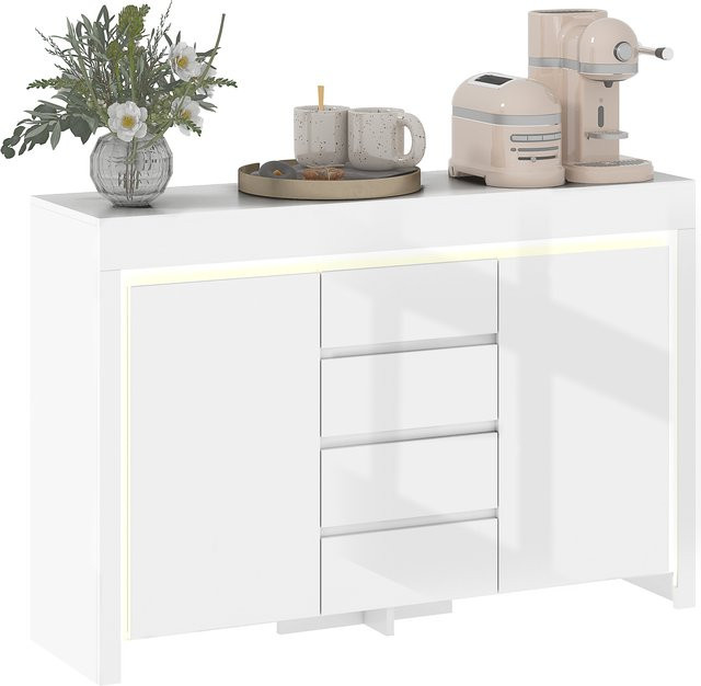 HOMCOM Buffetkast für das Wohnzimmer in Weiß mit LED-Beleuchtung, 4 Schubladen und Soft-Close-Türen im modernen Design - Bild 1