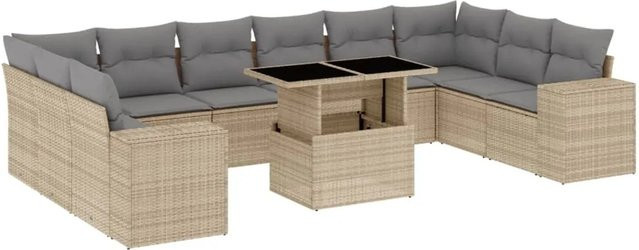 vidaXL 11-tlg. Garten-Sofagarnitur in L-Form aus beigem PE-Rattan mit wetterfesten Kissen und pulverbeschichtetem Stahlgestell - Bild 1