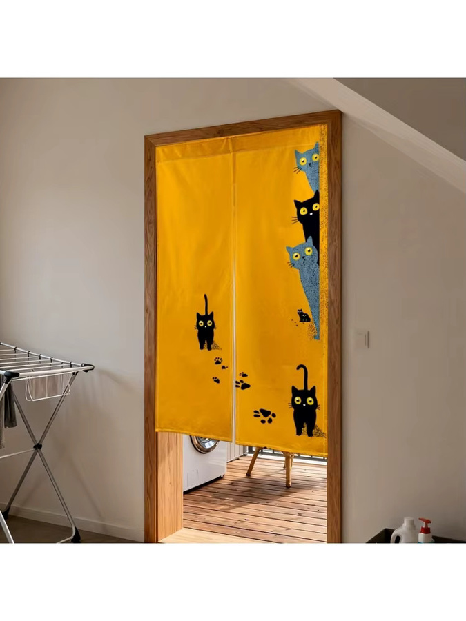 VIKAMA 2D Cartoon Cat Leinenvorhang im japanischen Stil für Küche und Badezimmer, Gelb, Breite: 90,0 cm, Höhe: 65,0 cm - Bild 3