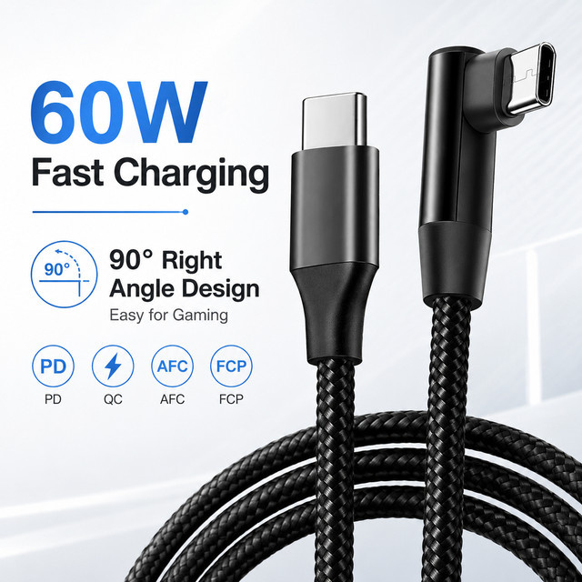 60W USB-C zu USB-C Kabel in Schwarz mit 90 Grad Winkel für PD Schnellladung und Datensynchronisation, nylonummanteltes Typ-C Kabel für Gaming-Handys und Tablets - Bild 1
