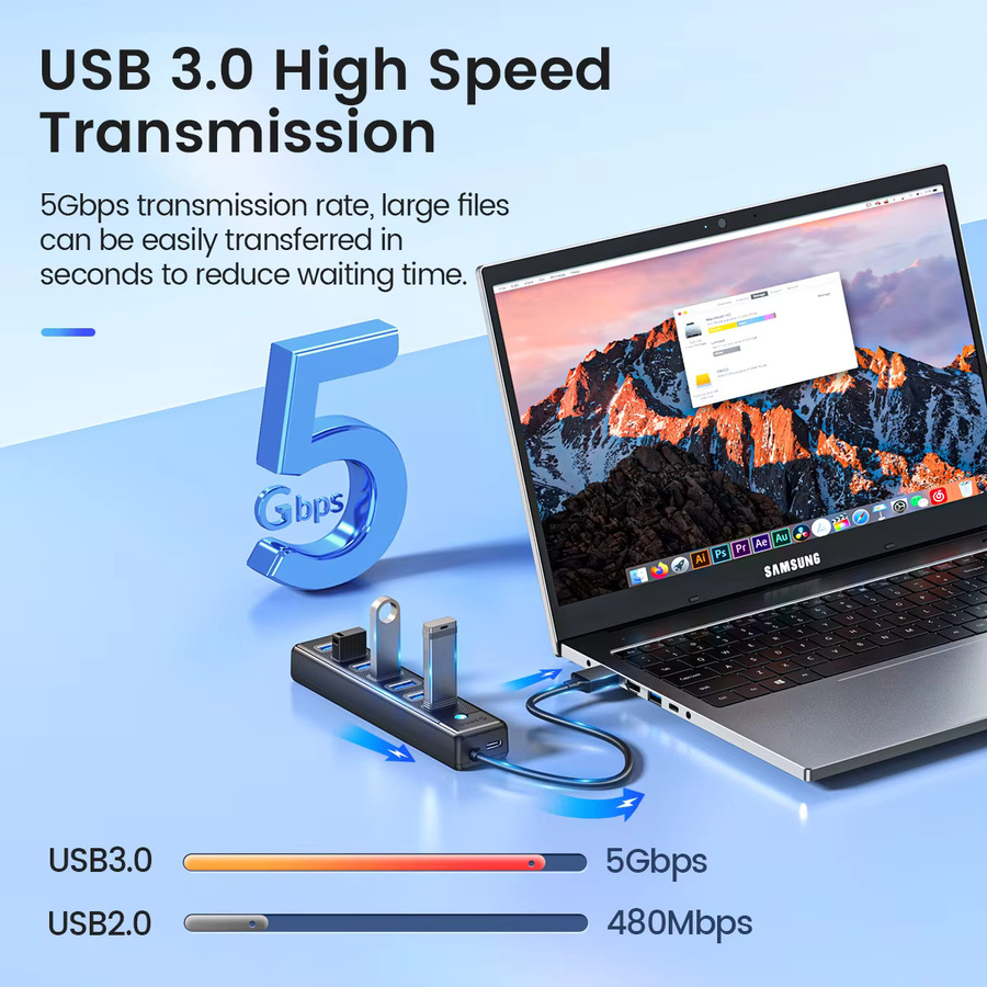 ORICO USB 3.0 Hub mit 7 Ports als USB-C Splitter für Laptop und Computer, Schwarz - Bild 3