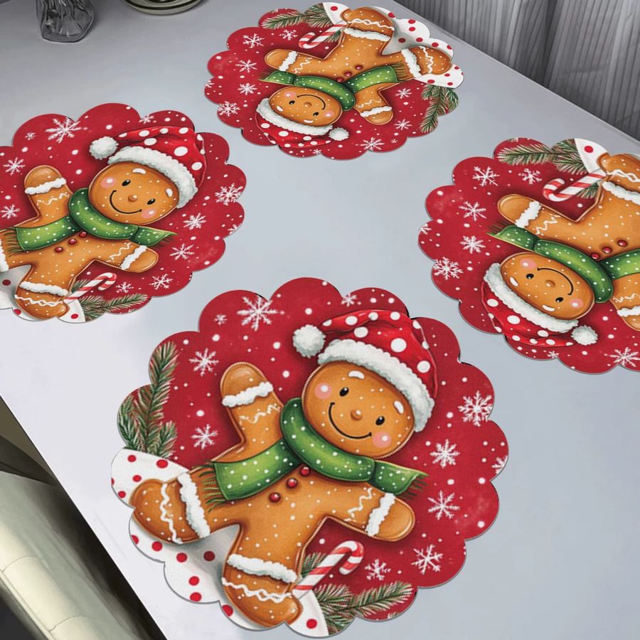 VIKAMA 4-teiliges Weihnachts-Tischset mit Lebkuchenmann und Schneeflockenmotiven in Multicolor - Bild 2