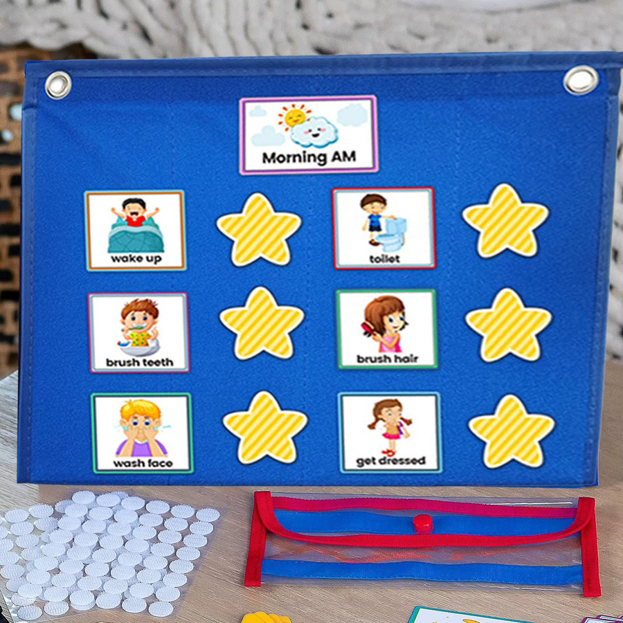 Faltbares visuelles Zeitplan-Diagramm für Kinder mit 72 Karten und 12 Stern-Karten als Wandbehang inklusive trocken abwischbarem Stift - Bild 5