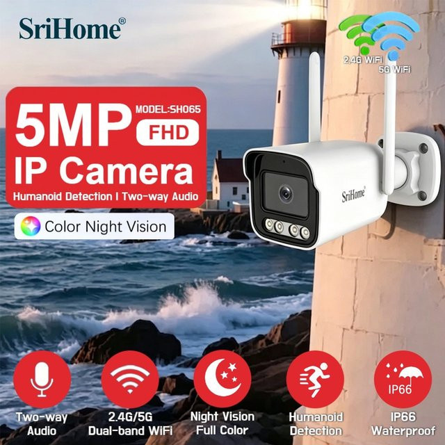 SriHome SH065 5MP Mini WLAN IP-Kamera in Weiß mit 2,4/5G Dual-Band, wasserdichte Sicherheits-Außenkamera mit Farbnachtsicht und Videoüberwachung - Bild 1
