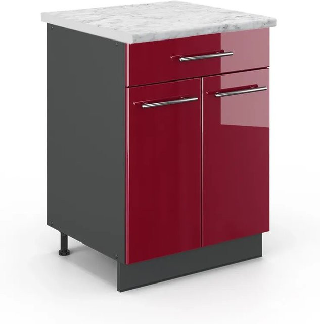 Vicco Küchenunterschrank Fame-Line Bordeaux Hochglanz Anthrazit mit Schublade und Marmor-Optik B/T/H: 60 x 60 x 82 cm - Bild 1