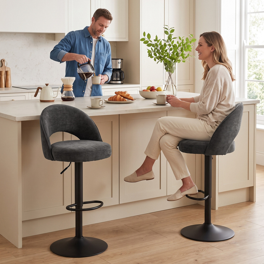 HOMCOM Barhocker 2er Set drehbar mit Rückenlehne und Fußstütze in Dunkelgrau Chenille-Optik, höhenverstellbare Küchenstühle für Küche, Wohnzimmer und Esszimmer - Bild 2