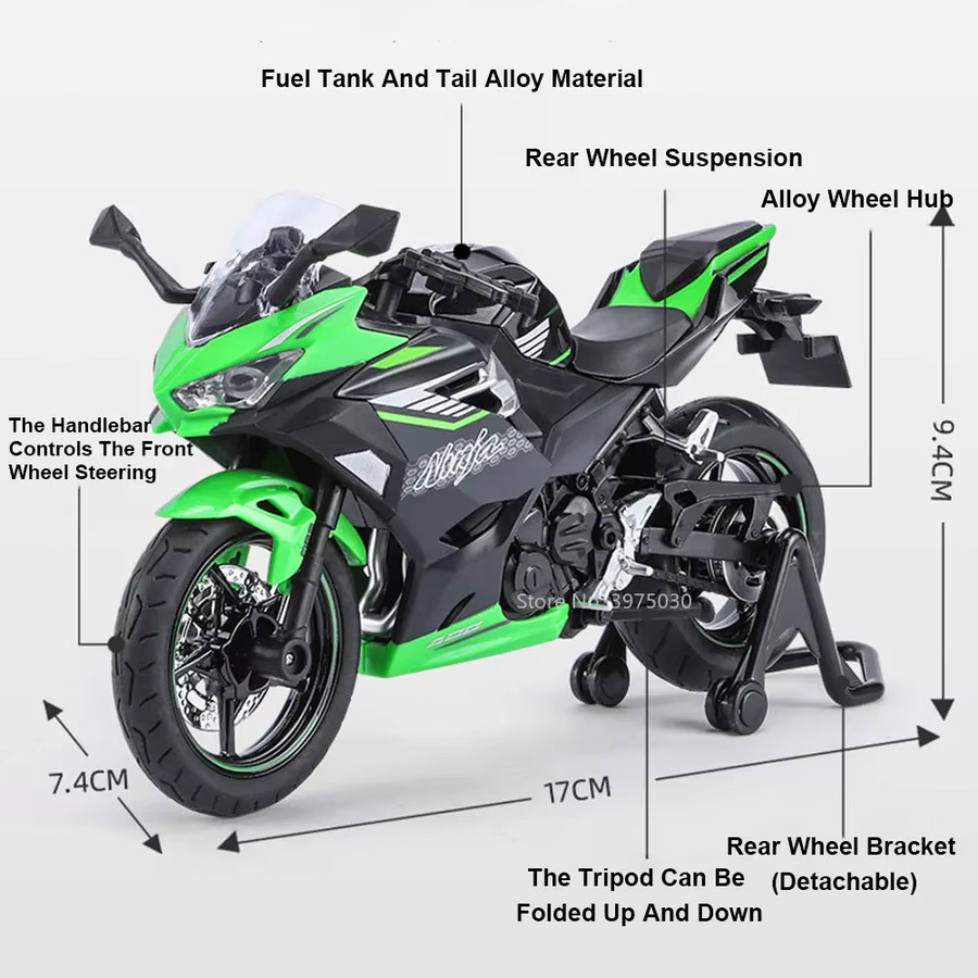 MAKEDA Ninja 400 Metalldruckguss-Motorrad, 1:12, mit Ton und Licht, grün - Bild 2