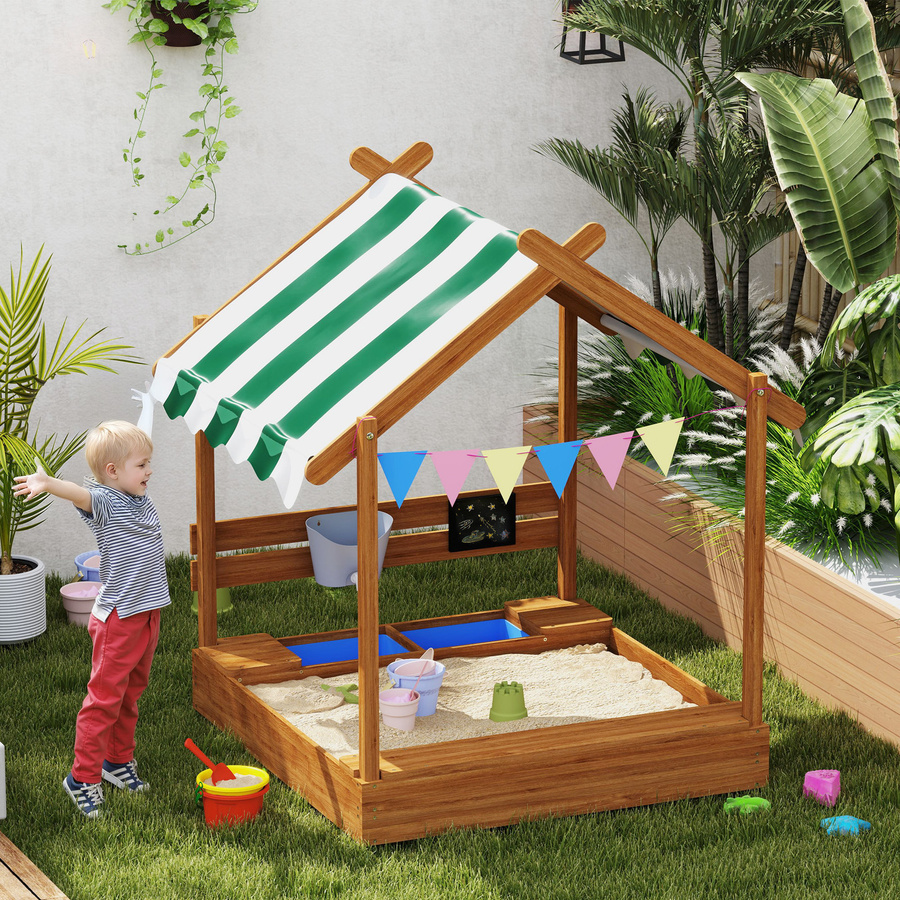 Outsunny Sandkasten aus Holz mit Dach und Sitzplatz, Spielhaus mit Tafel für Kinder von 3-7 Jahren, Farbe: Orange, H x B x T: 146 x 124 x 116 cm - Bild 2